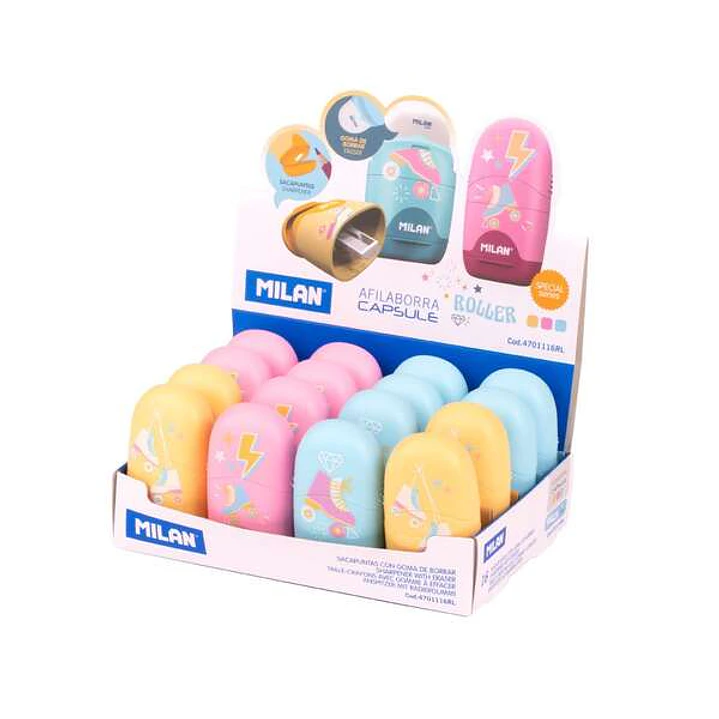 Milan Capsule Roller Expositor de 16 Afilaborras Capsule con Goma de Borrar - Cuchilla de Seguridad - Colores Azul, Rosa y Amarillo 1