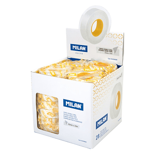 Milan Expositor con 28 Rollos Cinta Adhesiva de Doble Cara - 15mm x 10m - Color Transparente
