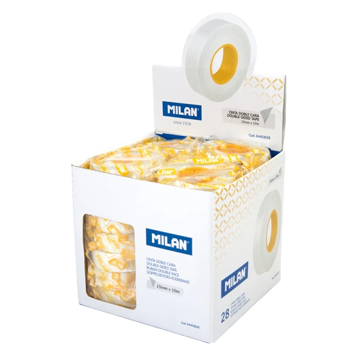 Milan Expositor con 28 Rollos Cinta Adhesiva de Doble Cara - 15mm x 10m - Color Transparente 1