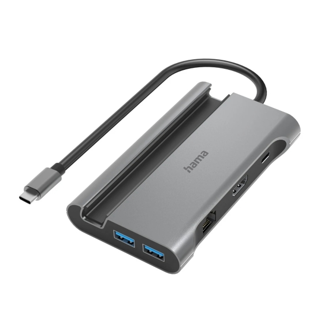 Hama Essential Hub USB 3.2 - Potencia Maxima 100W - Cable USB-C Integrado de 15cm - LAN Ethernet 1Gbps - HDMI 4K - 3x USB-A - 2x USB-C - Power Deliver 1