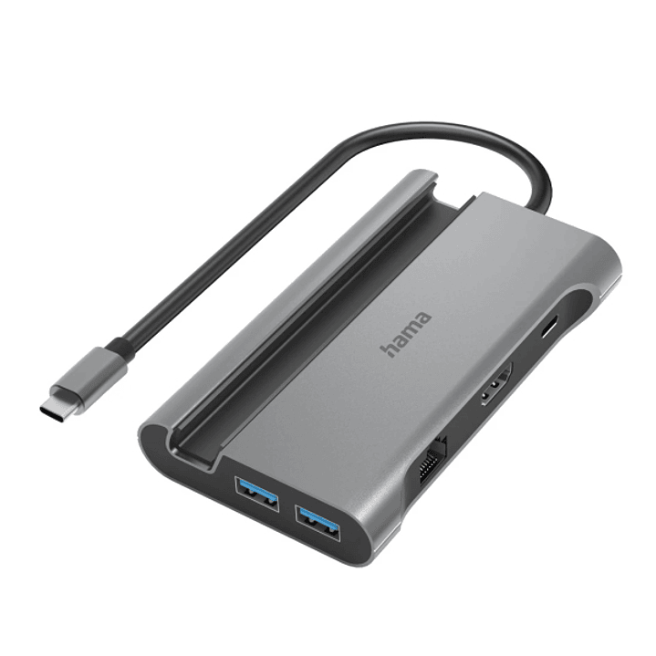 Hama Essential Hub USB 3.2 - Potencia Maxima 100W - Cable USB-C Integrado de 15cm - LAN Ethernet 1Gbps - HDMI 4K - 3x USB-A - 2x USB-C - Power Deliver 1