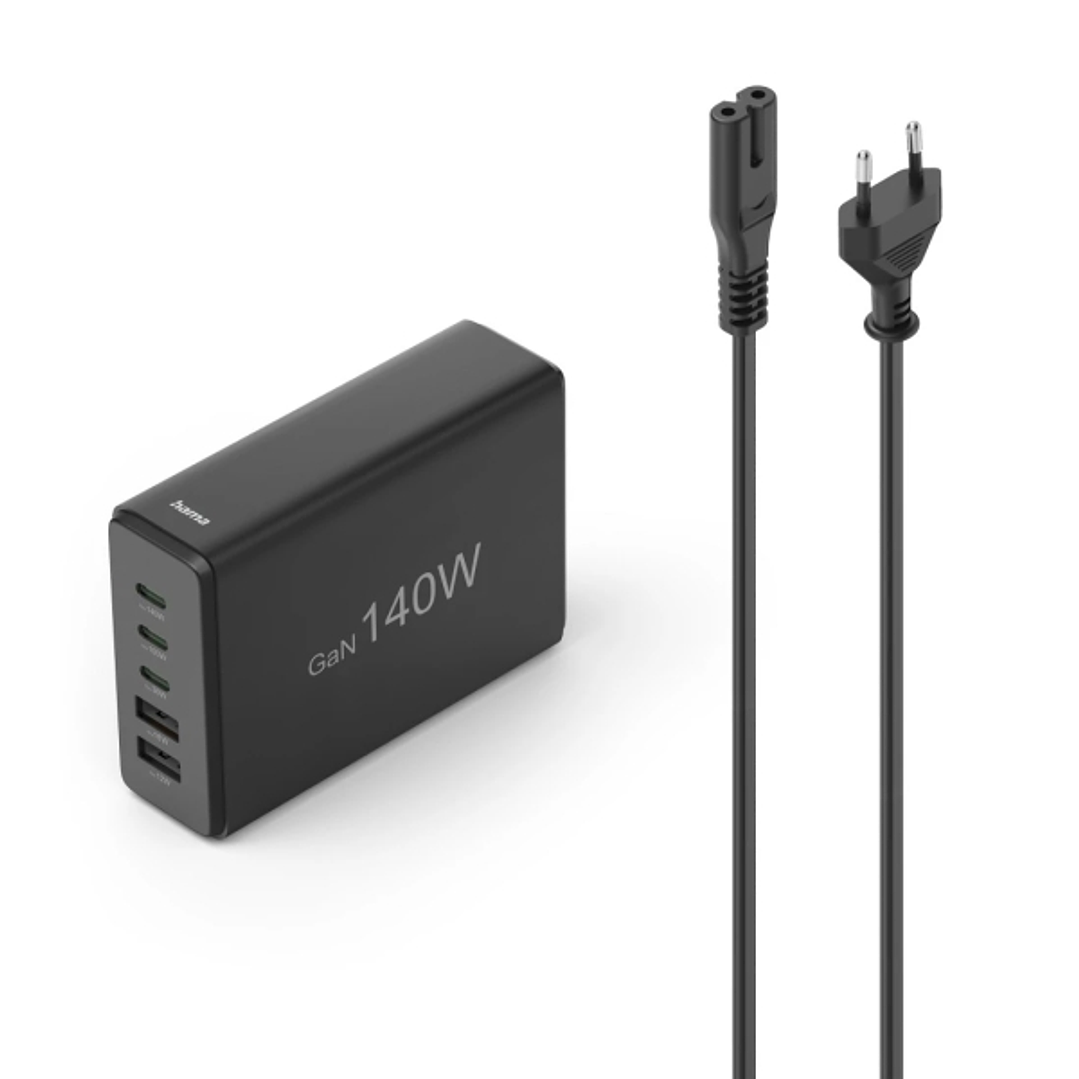 Hama Estacion de Carga USB - 3x USB-C - 2x USB-A - Cable 1.5m - Power Delivery - Qualcomm - GaN - 3.1x10.1x7cm - Color Negro 1