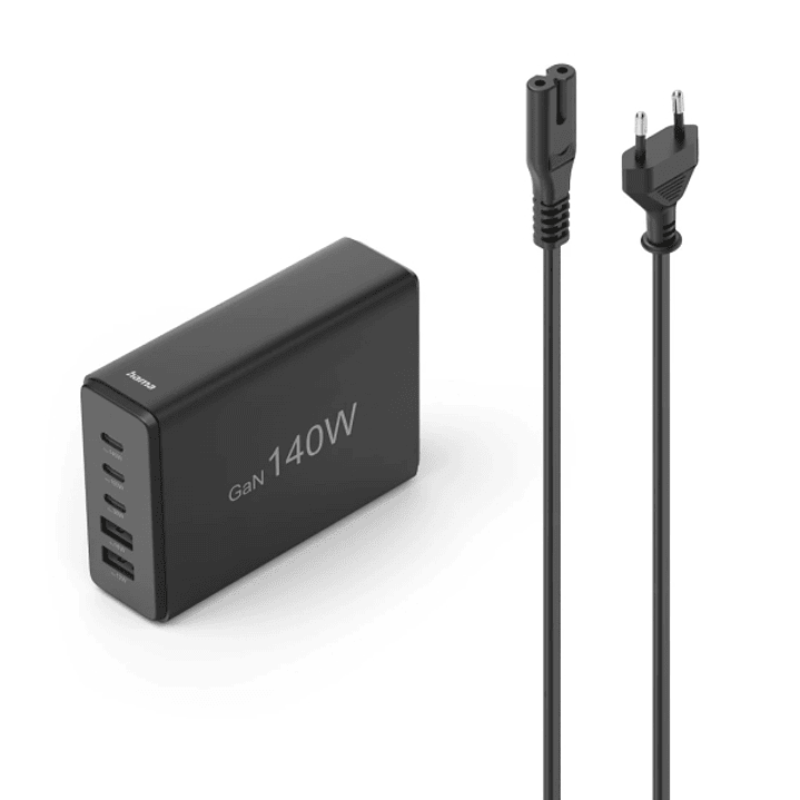 Hama Estacion de Carga USB - 3x USB-C - 2x USB-A - Cable 1.5m - Power Delivery - Qualcomm - GaN - 3.1x10.1x7cm - Color Negro 1