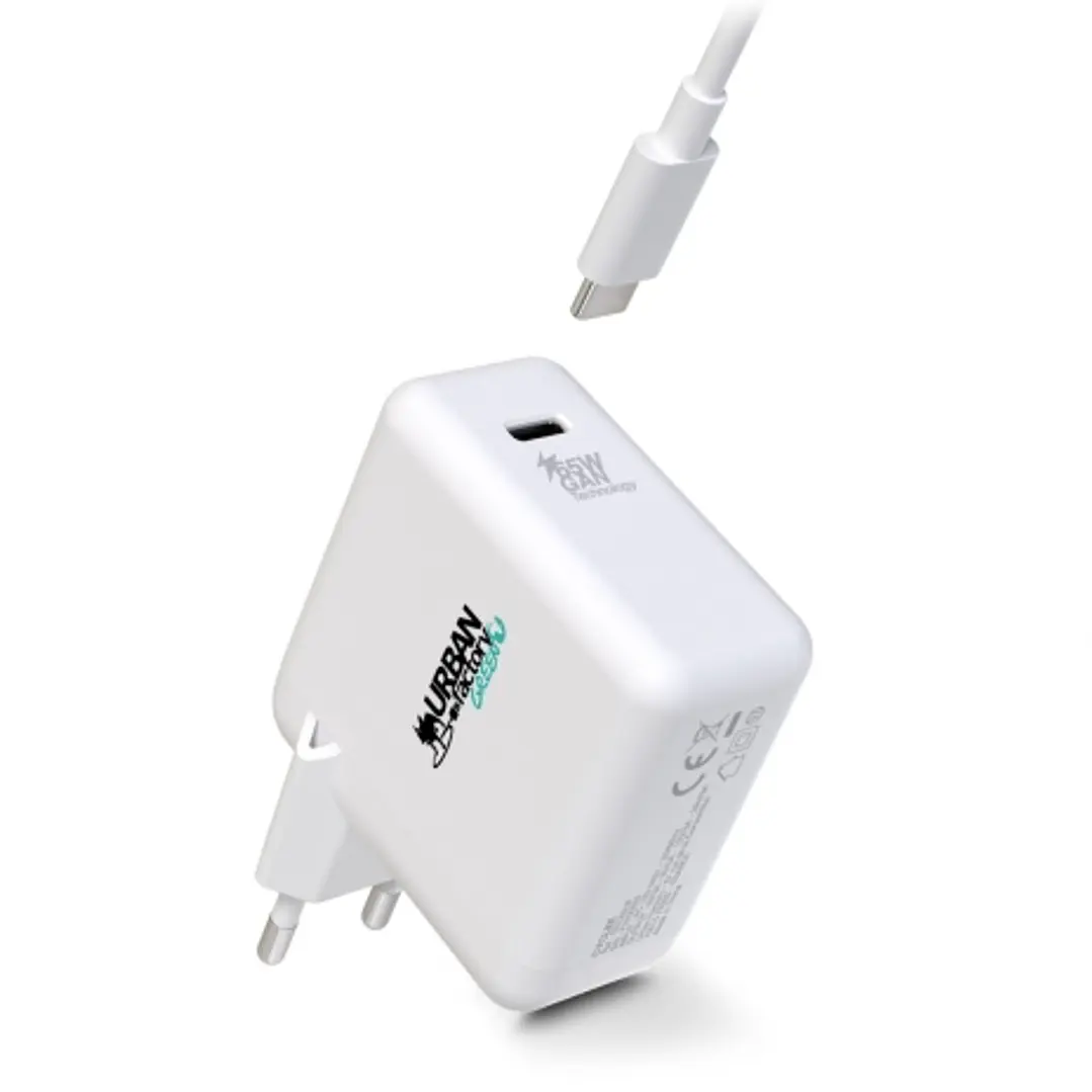 Urban Factory Cyclee Cargador de Pared USB-C GaN de 65W - Diseño Ecologico - Cable USB-C/USB-C de 2m - Color Blanco 1