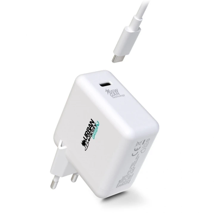 Urban Factory Cyclee Cargador de Pared USB-C GaN de 65W - Diseño Ecologico - Cable USB-C/USB-C de 2m - Color Blanco 1