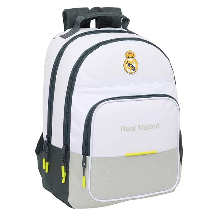 Safta Real Madrid Mochila Escolar de 21.5L - Adaptable a Carro - 3 Compartimentos - Portabotellas - 32x42x16cm - Color Blanco y Negro 1