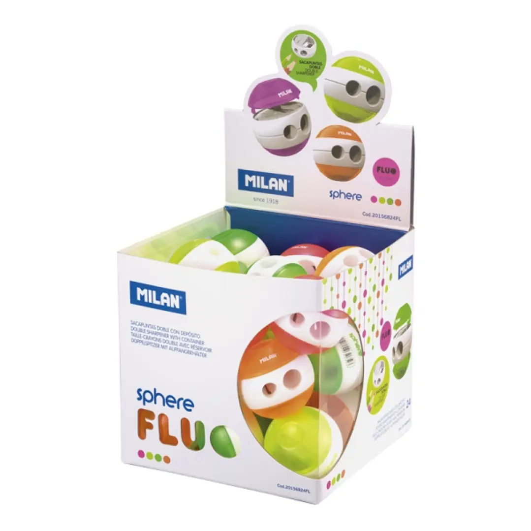 Milan Sphere Fluo Expositor con 24 Sacapuntas Doble - Regular y Maxi - Deposito Integrado - Cuchilla de Acero de Seguridad - Colores Surtidos 1