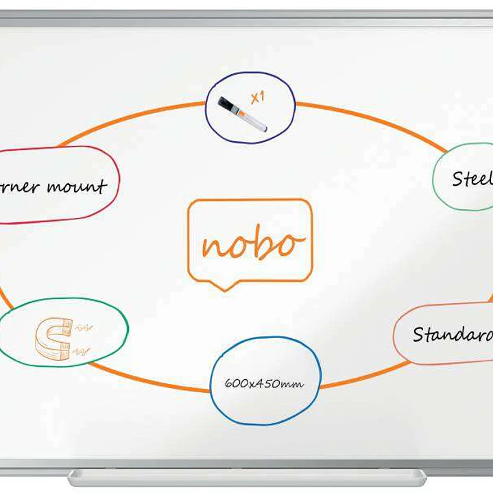 Nobo Premium Plus Pizarra Magnetica de Acero Lacado 600x450mm - Montaje en Esquinas - Superficie de Borrado Facil - Color Blanco 1