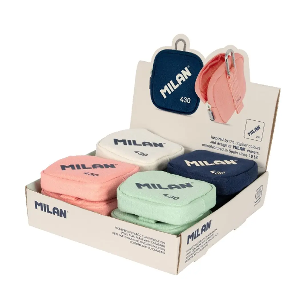 Milan Coleccion 430 Expositor con 12 Monederos Pequeños - Tamaño Monedero 10,3x10x2,5cm - Cierre de Cremallera - Mosqueton de Aluminio - Colores Surti 1