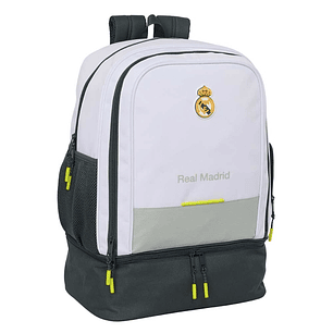 Safta Real Madrid Mochila Escolar de 42L - Portabotellas - Compartimento Semirigido Inferior - Bolsillos con Cremallera - 35x50x24cm - Color Blanco y 