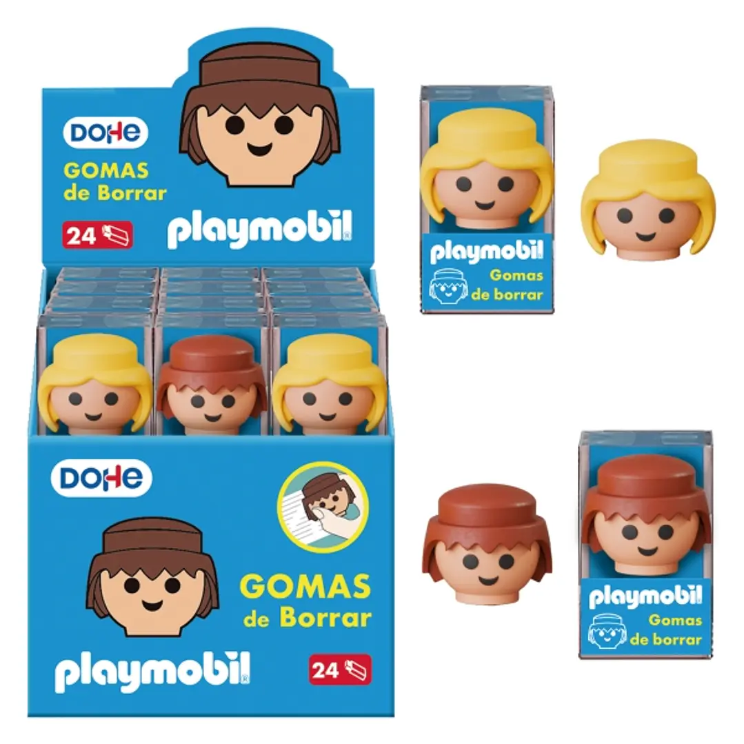 Dohe Playmobil Expositor de 24 Gomas de Borrar - Fabricadas en PVC - Con Forma de los Muñecos Playmobil 1