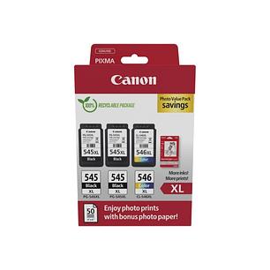 Canon PG545XL Negro + CL546XL Color Pack de 3 Cartuchos de Tinta Originales + 50 Hojas de Papel Fotografico - 8286B015