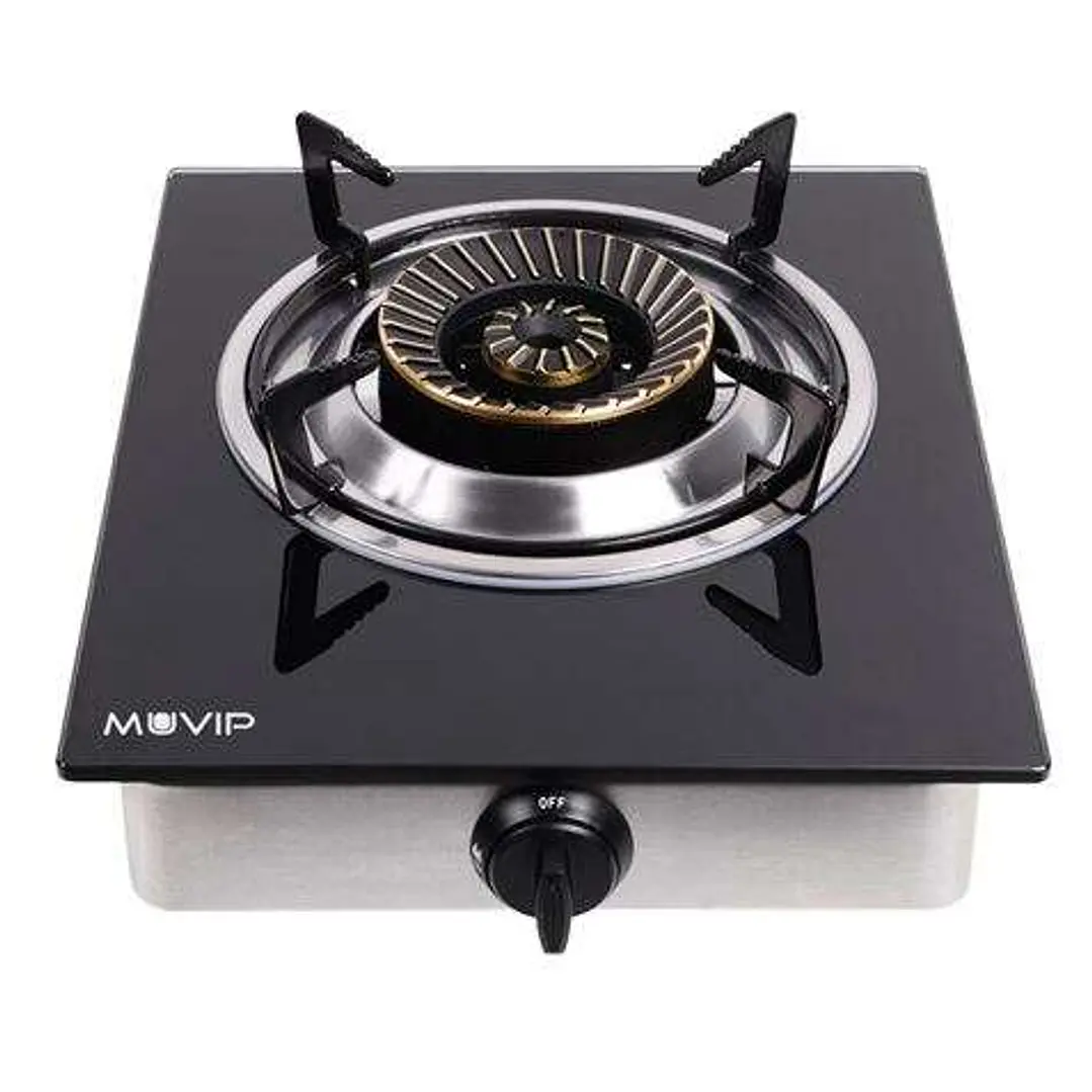 Muvip Cocina de Gas Inox 1 Fuego - Cristal Templado - Encendido Piezoelectrico - Quemador de Hierro Fundido Desmontable 1