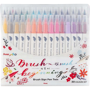 Pentel Brush Sing Pen Twin Pack de 30 Rotuladores con Doble Punta de Pincel Flexible - Punta Ancha 1-4mm, Punta Fina 0,2-2mm - Colores Surtidos