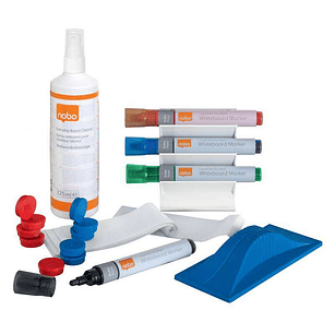 Nobo Pack de Accesorios para Pizarra Blanca - Incluye 4 Rotuladores, Borrador Magnetico, Spray de Limpieza y 10 Imanes - Practico y Completo