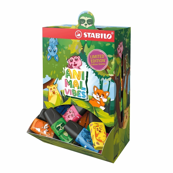 Stabilo Boss Mini Animal Vibes Expositor con 50 Mini Marcadores Fluorescentes - Trazo entre 2 y 5mm - Tinta con Base de Agua - Antisecado - Colores Su 1