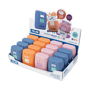 Milan Compact Fun Animals Expositor con 16 Gomas de Borrar con Cepillo - Colores Surtidos
