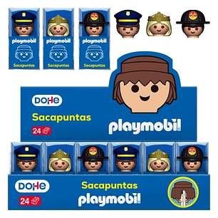 Dohe Playmobil Expositor con 24 Sacapuntas de 1 Orificio y Cuchilla de Acero - Decorados Playmobil Policia, Bombero y Princesa