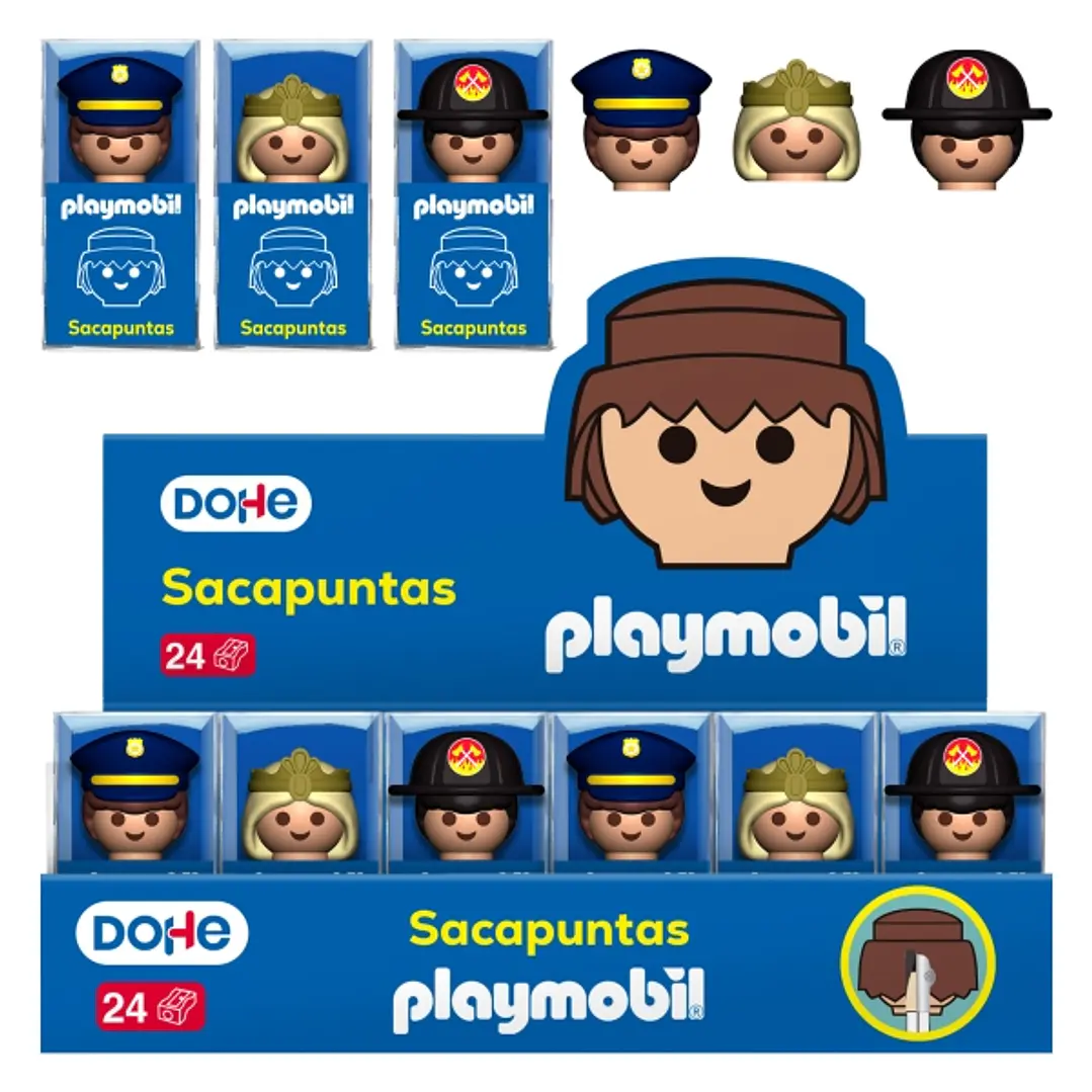 Dohe Playmobil Expositor con 24 Sacapuntas de 1 Orificio y Cuchilla de Acero - Decorados Playmobil Policia, Bombero y Princesa 1