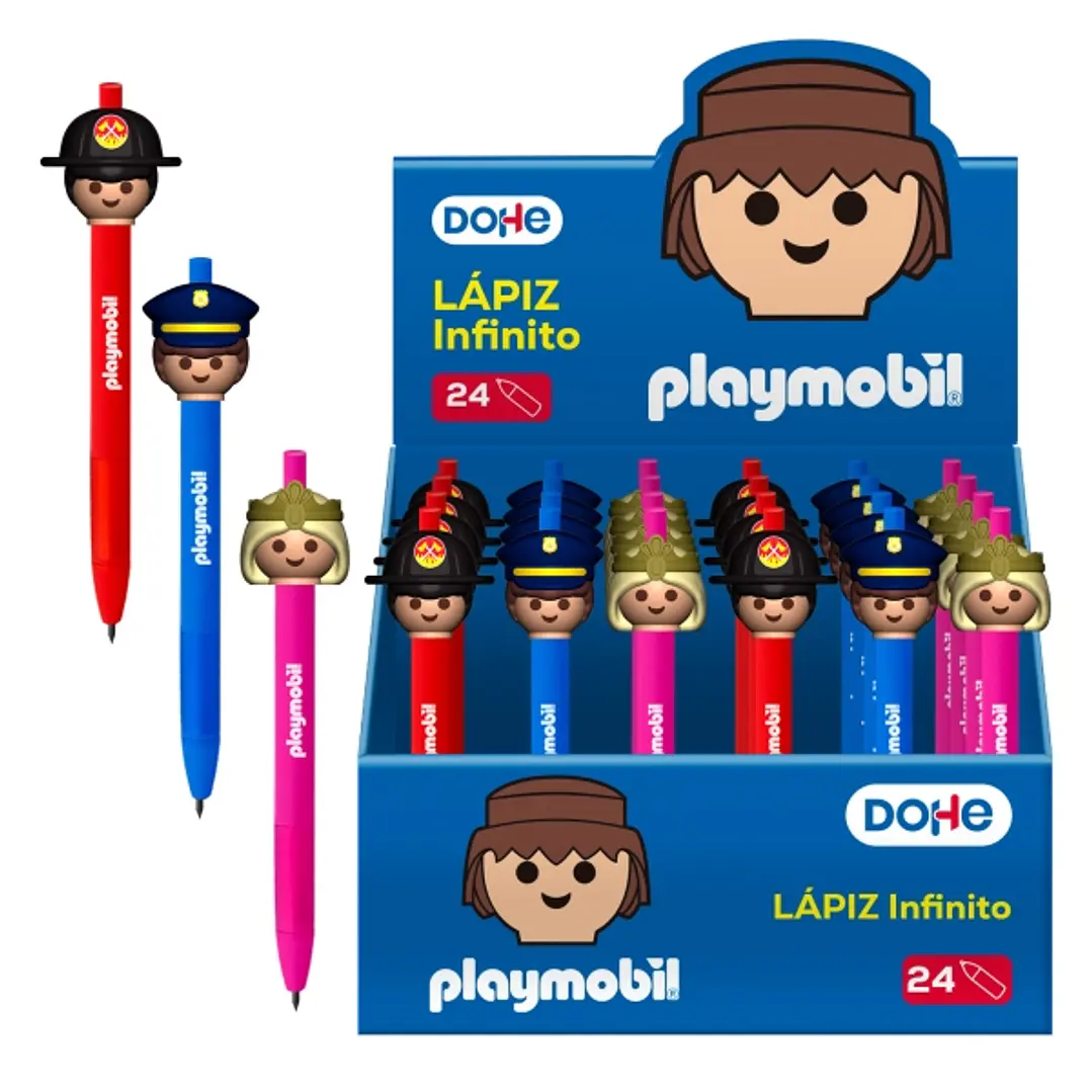 Dohe Playmobil Expositor con 24 Lapices Infinitos - Grip de Caucho - Se Borra Facilmente - Decorados Playmobil Policia, Bombero y Princesa. 1