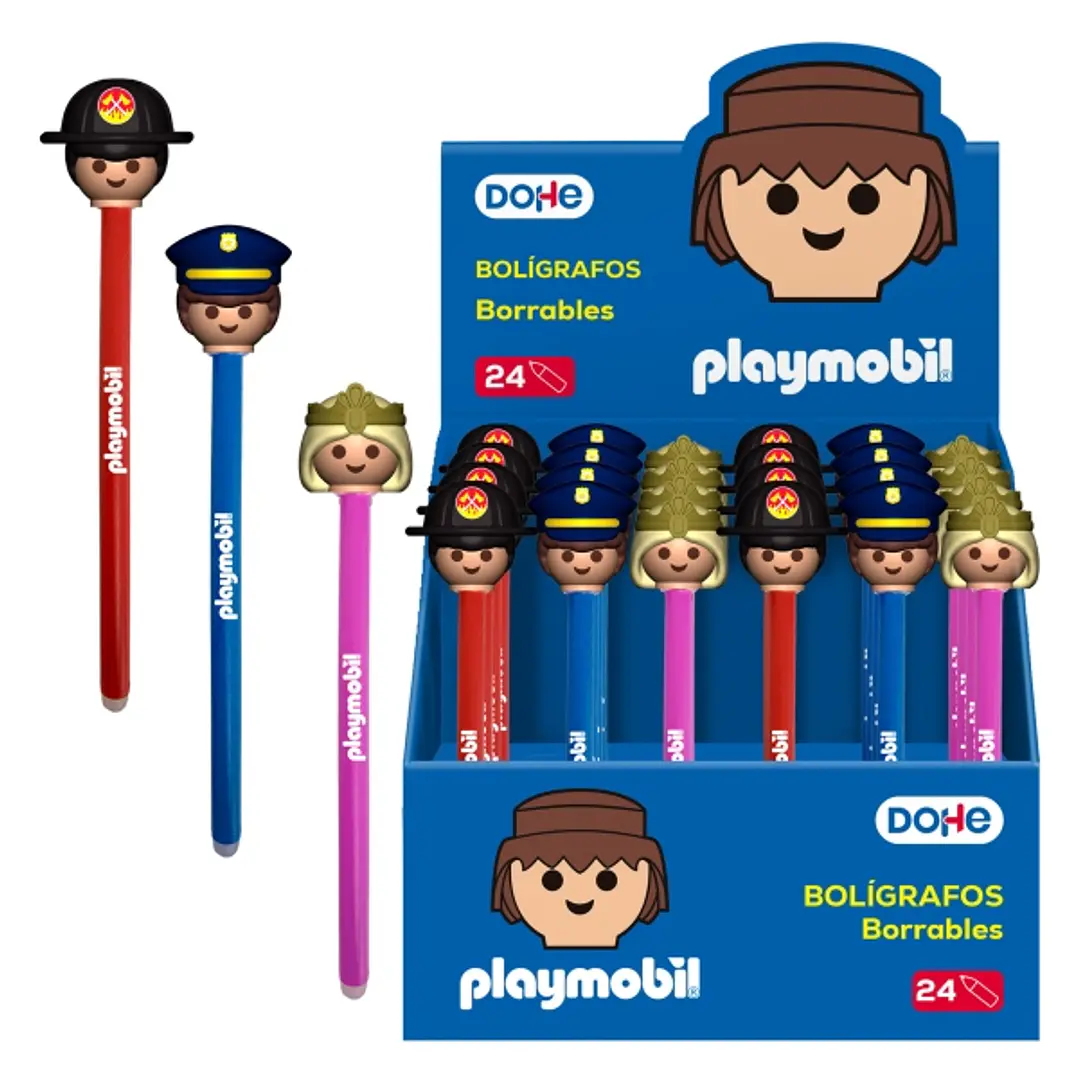 Dohe Playmobil Expositor de 24 Boligrafos Borrables - Punta 1mm, Trazo 0.5mm - Decorados Playmobil Policia, Bombero y Princesa- Tinta Azul 1