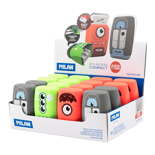 Milan Compact Aliens Expositor con 16 Afilaborras - Goma Miga de Pan - Regular y Maxi - Deposito Integrado - Cuchilla de Acero de Seguridad - Colores 