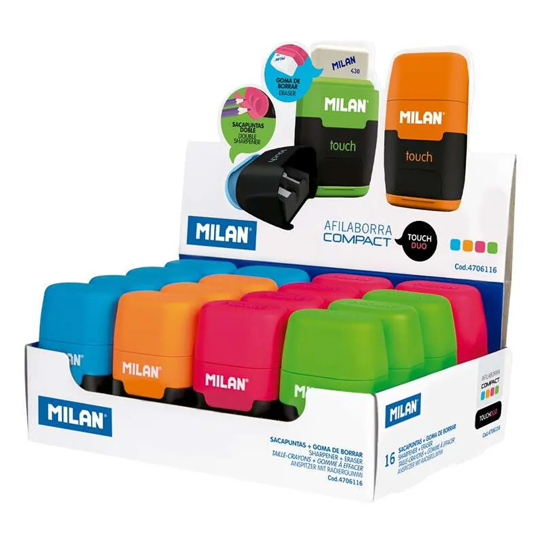 Milan Compact Fluo Expositor de 16 Afilaborras - Uso Estandar y Maxi - Cuchilla de Acero - Goma de Borrar - Cuchilla de Seguridad - Colores Surtidos 1