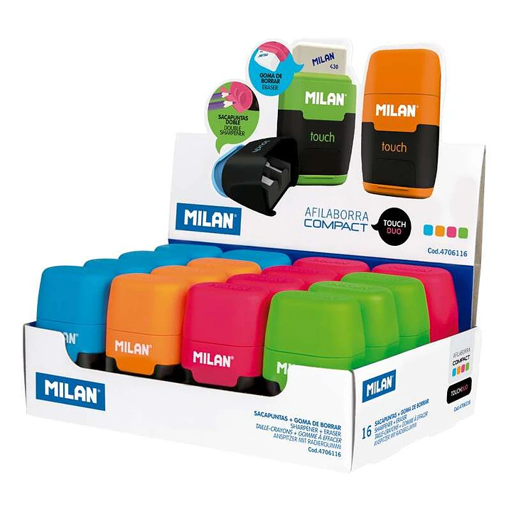 Milan Compact Fluo Expositor de 16 Afilaborras - Uso Estandar y Maxi - Cuchilla de Acero - Goma de Borrar - Cuchilla de Seguridad - Colores Surtidos 1