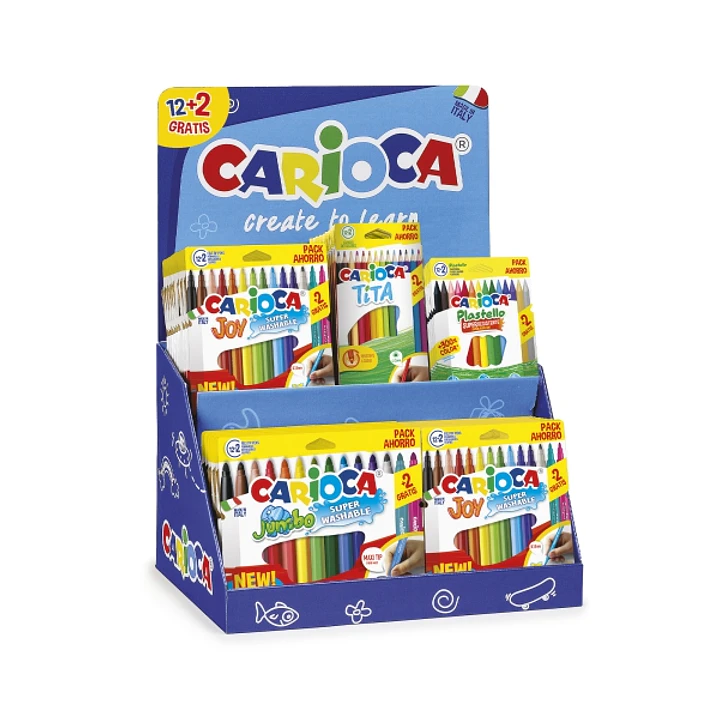 Carioca Expositor 12+2 Incluye 18 Joy Bolsa Papel 12+2,  6 Jumbo Bolsa Papel 12+2, 12 Tita Box 12+2 y 12 Plastello Bolsa Papel 12+2 1