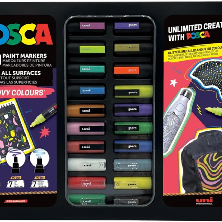 Posca Groovy Colours Maleta Metalica con 20 Marcadores de Pintura - Surtido en Color y Trazo - Punta de Poliester - Tinta Pigmentada Base Agua - Resis 1