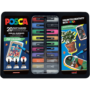 Posca Pop Colours Maleta Metalica con 20 Marcadores de Pintura - Surtido en Color y Trazo - Punta de Poliester - Tinta Pigmentada Base Agua - Resisten