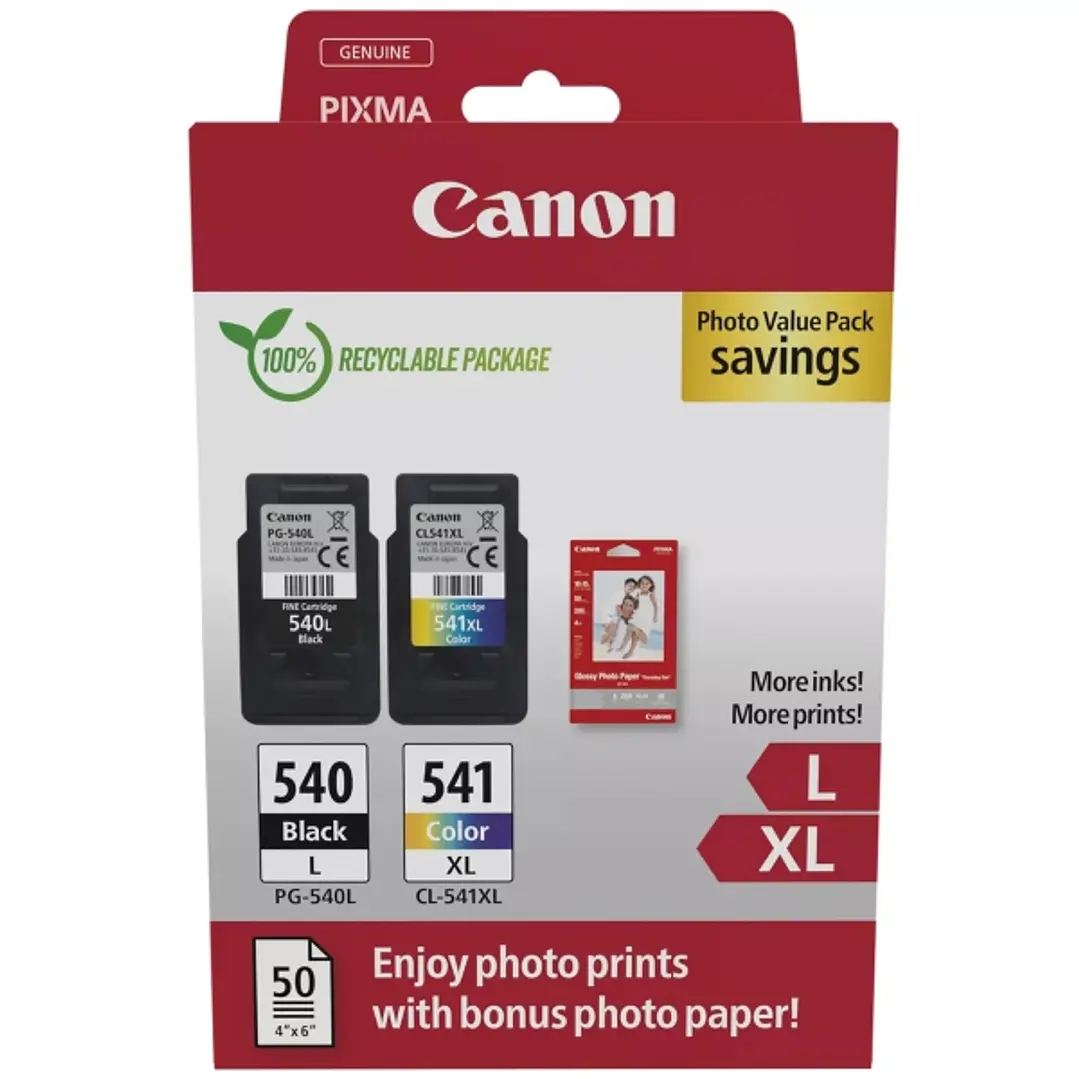 Canon PG540L Negro + CL541XL Color Pack de 2 Cartuchos de Tinta Originales - 50 Hojas de Papel Fotografico - 5224B012/5224B007/5224B005/5222B013/5222B 1