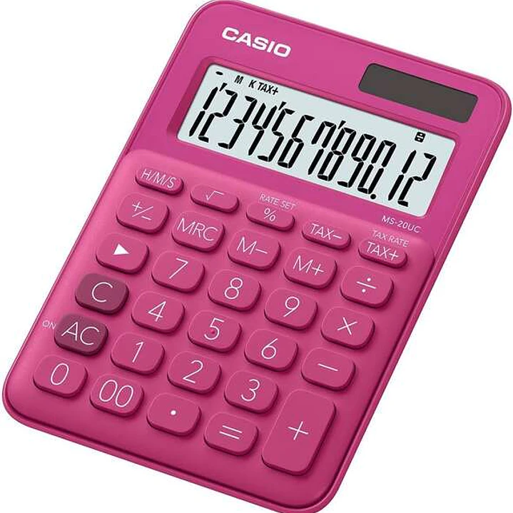Casio MS-20UC Calculadora de Sobremesa Pequeña - Pantalla LCD de 12 Digitos - Alimentacion Solar y Pilas - Color Rosa Fucsia 1