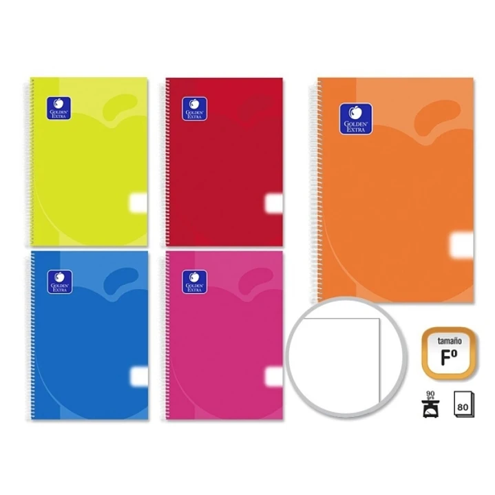Golden Pack de 5 Cuadernos Espiral 80 Hojas 90gr Liso - Tamaño Folio - Tapa de Polipropileno - Colores Surtidos 1