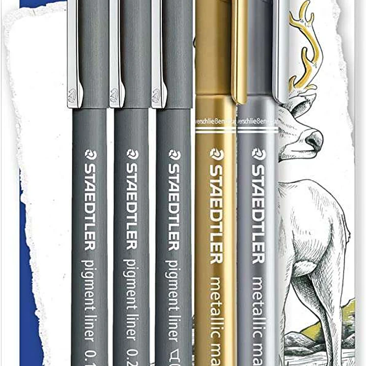 Staedtler Pigment Liner 308 Pack de 5 Rotuladores Calibrados - Tinta Resistente a la Luz y Agua - Para Escribrir, Esborzar y Dibujar - Colores Surtido 1