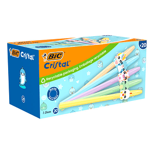 Bic Cristal Pastel Figurines Pack con 20 Boligrafos de Bola - Cuerpo Opaco en Colores Pastel con Figuras de Animales - Punta Redonda de 1mm - Trazo 0.