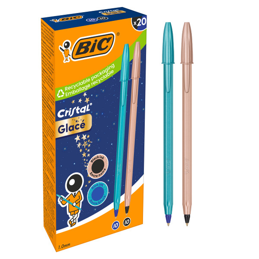 Bic Cristal Glace Pack con 20 Boligrafos de Bola - Cuerpo Opaco en Color Azul Metalizado Mate y Cobre Mate - Punta Redonda de 1mm - Trazo 0.4mm - Tint 1