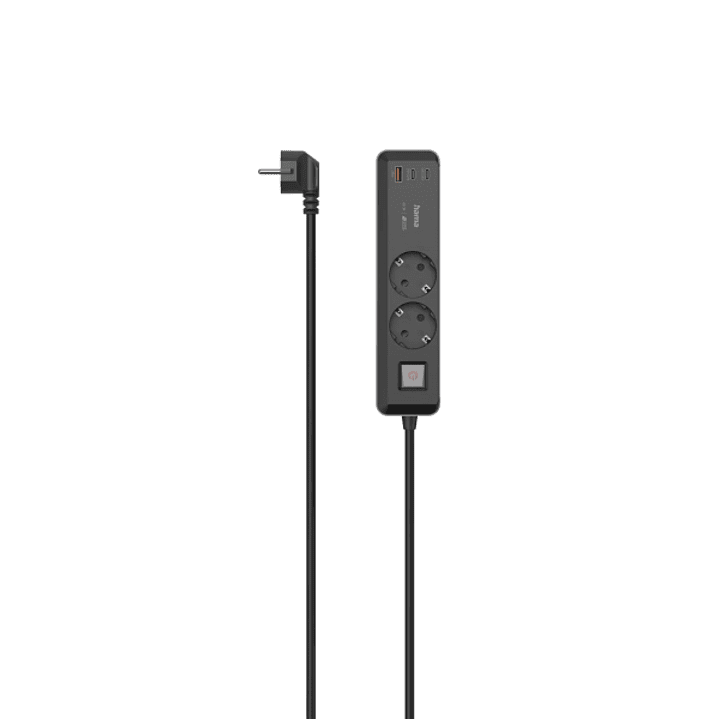 Hama Regleta Alimentacion con 5 Tomas - Potencia Maxima 3680W - Cable 1.4m - 2x Schuko - 2x USB-C - 1x USB-A - Interruptor de Encendido - Enchufe Schu 1
