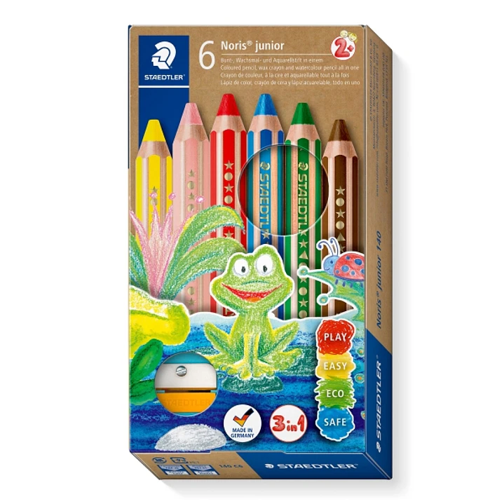 Staedtler Noris Junior Pack de 6 Lapices de Colores Extragruesos + Sacapuntas - 3 en 1, Lapiz, Cera y Acuarelable - Colores Surtidos 1