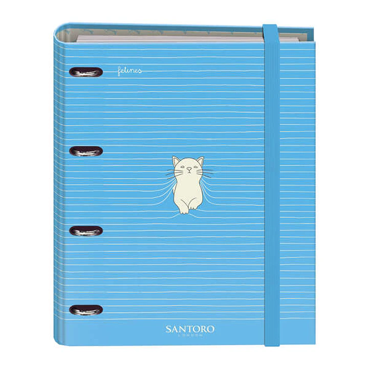 Dohe Santoro Felines Carpeta de 4 Anillas Formato A4 con Recambio de 100 Hojas - 4 Separadores de Colores - Cierre con Goma Elastica - Anillas de 35mm 1