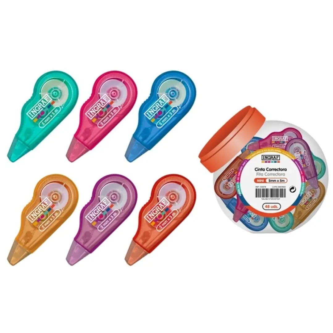 Ingraf Mini Mediterraneo Expositor con 48 Mini Cintas Correctoras 5mmx5m - Perfecta Adherencia al Papel - Cuerpo de Colores Surtidos 1