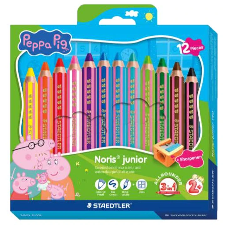 Staedtler Noris Junior Peppa Pig Pack de 12 Lapices de Colores Extragruesos + Sacapuntas - 3 en 1, Lapiz, Cera y Acuarelable - Colores Surtidos 1
