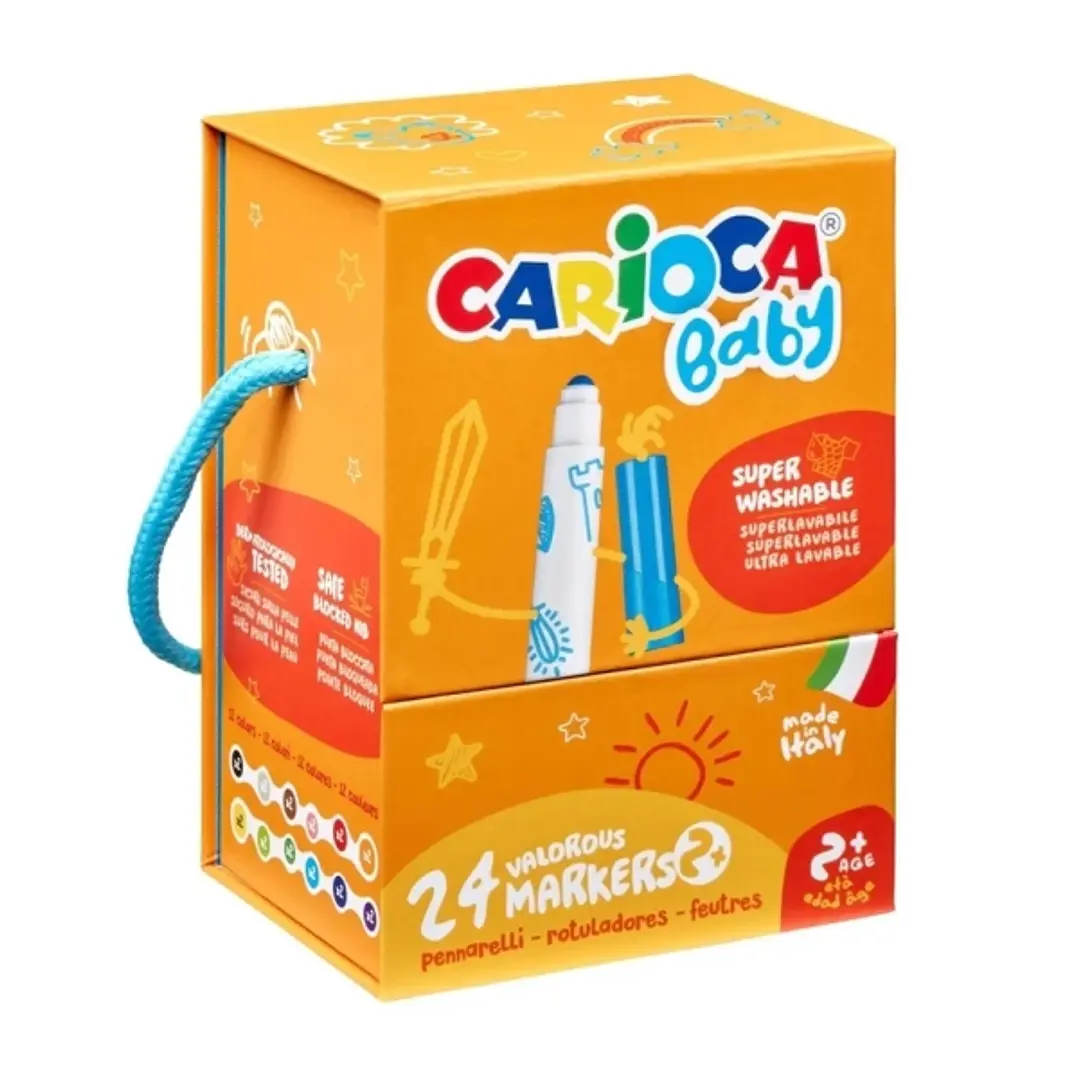 Carioca Baby Caja Rigida con 24 Rotuladores - Punta Redonda y Bloqueada para la Maxima Seguridad - Superlavables - Dermatologicamente Testados - Color 1