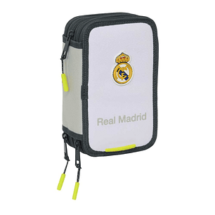 Safta Real Madrid Plumier de 1.3L con 37 Piezas - 3 Compartimentos - Cierre de Cremallera - 12.5x19.5x5.5cm - Color Blanco y Negro
