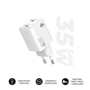 Subblim Cargador de Pared GaN 35W - 2xUSB-C -  Carga rápida - Color Blanco