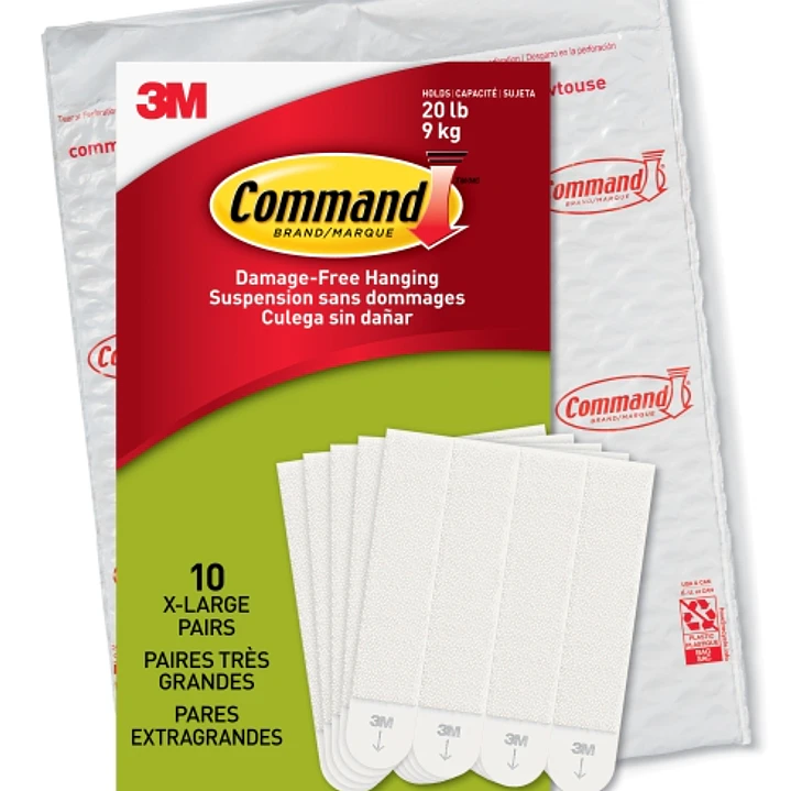 Command Pack de 20 Tiras Adhesivas para Objetos Pesados - 10 Pares XL - Soporta hasta 9kg - Color Blanco 1