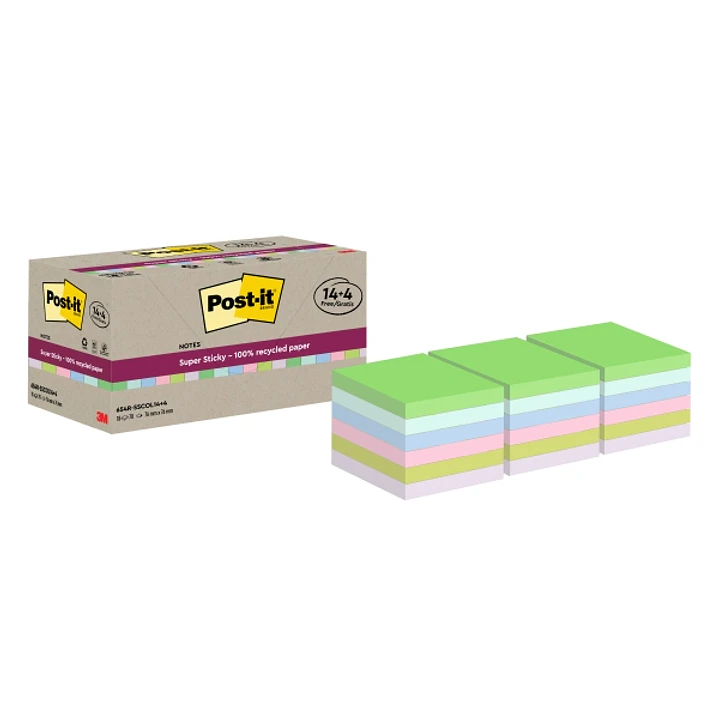 Post-It Super Sticky Pack de 18 Blocs de 70 Notas Adhesivas Recicladas - Forma Cuadrada - 76x76mm - Colores Surtidos 1