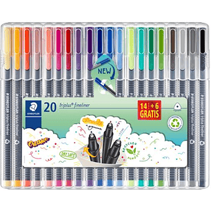 Staedtler Triplus Fineliner 334 Pack de 20 Rotuladores de Punta Fina - Trazo 0.3 mm Aprox - Tinta Base de Agua - 97% de Plastico Reciclado - Colores S