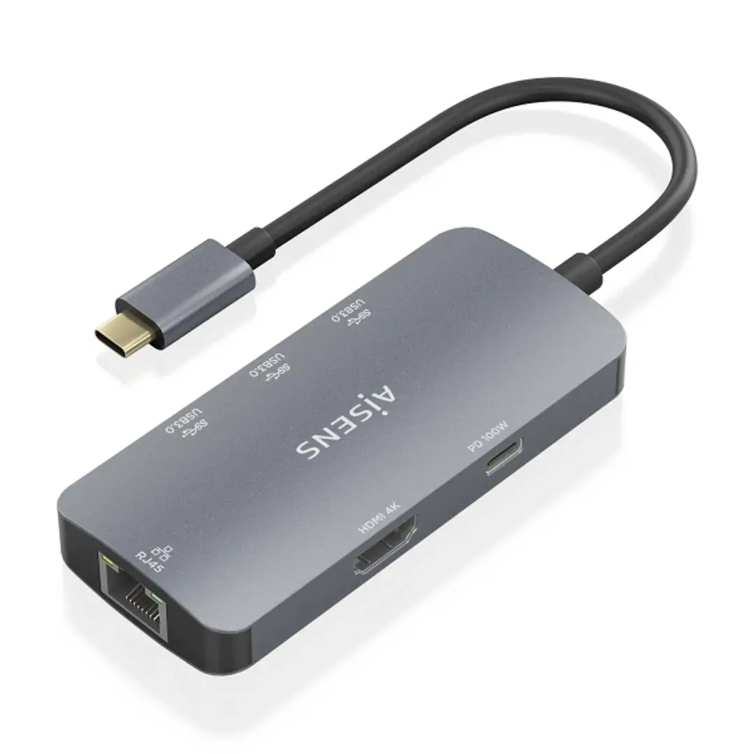 Aisens USB-C Dock 6 en 1 - USB-C a 1xHDMI - 1xRJ45 - 3xUSB-A - 1xUSB-C PD - 15cm - Color Gris 1