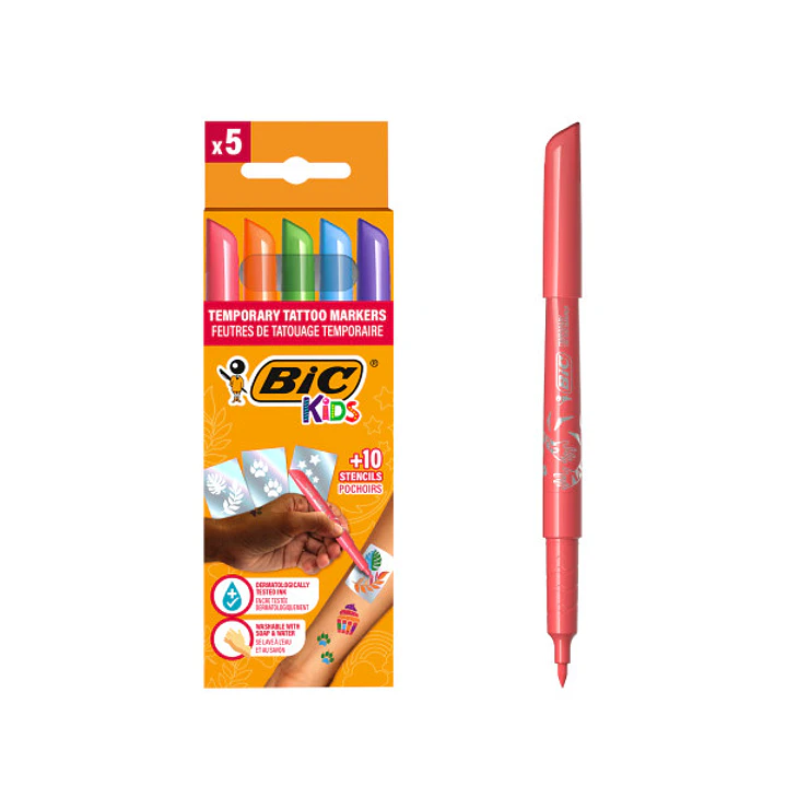 Bic Kids Tatuajes Pack de 5 Rotuladores + 10 Plantillas para Tatuajes Temporales - Tinta Dermatologicamente Testada y Sin Perfume - Colores Surtidos 1